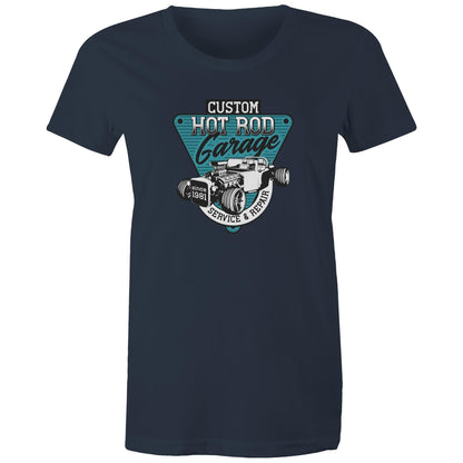 colored women's t-shirt with a 'Custom Hot Rod Garage' graphic print in the center.