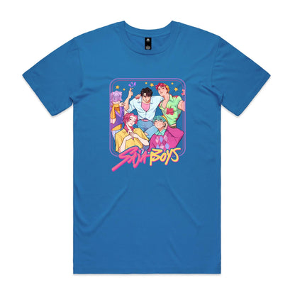 t-shirt featuring a colorful graphic print of five anime-style boys with the text 'Sun Boys' in pink and yellow stylized font.