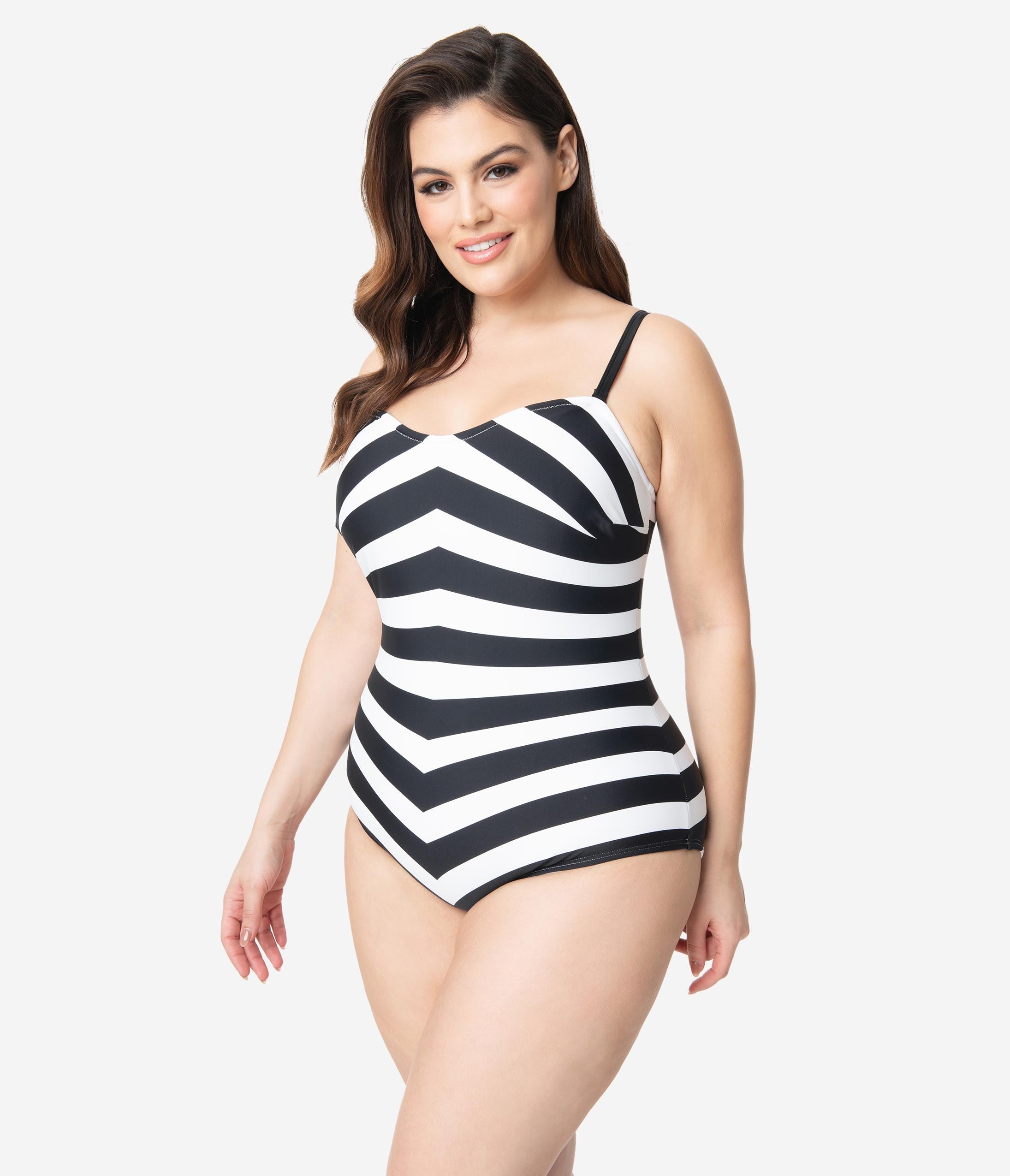 Barbie X Unique Vintage Black White Chevron Stripe One Piece Bathing Suit