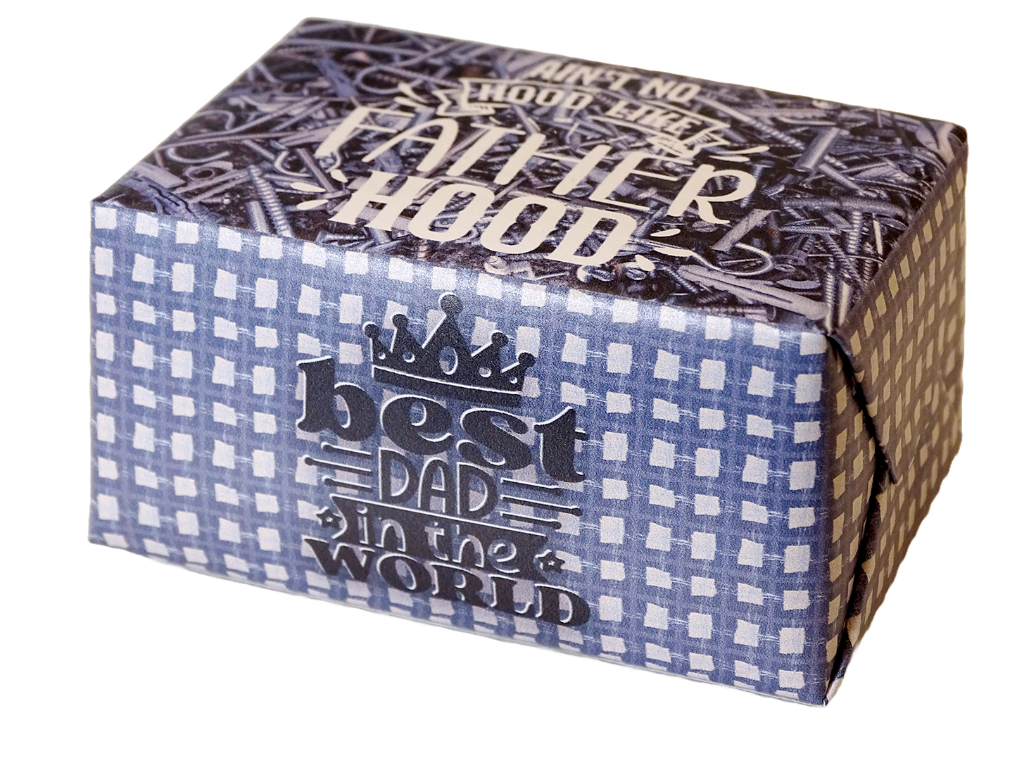 A rectangular gift box with a blue and white gingham patterned front, dark brown patterned top, and the text 'best DAD in the WORLD' with a crown graphic, shown on a white background.