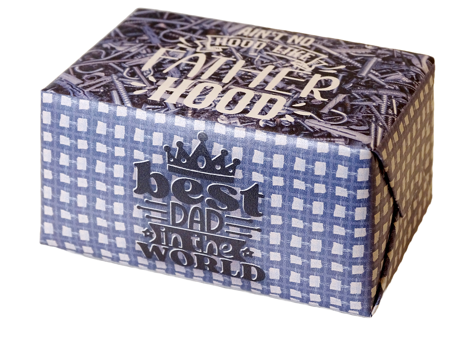 A rectangular gift box with a blue and white gingham patterned front, dark brown patterned top, and the text 'best DAD in the WORLD' with a crown graphic, shown on a white background.