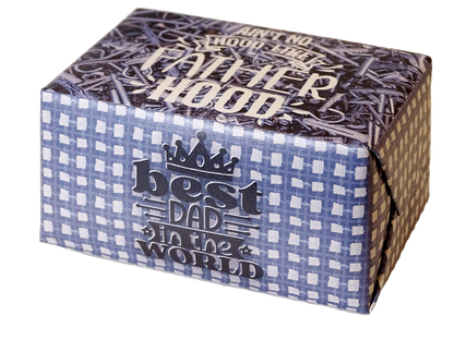 A rectangular gift box with a blue and white gingham patterned front, dark brown patterned top, and the text 'best DAD in the WORLD' with a crown graphic, shown on a white background.