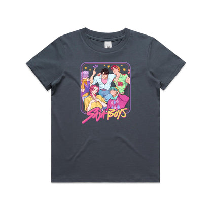 A close-up of a t-shirt featuring a colorful graphic print of five illustrated anime-style boys with the text 'Stu Boys' in pink and yellow stylized lettering.