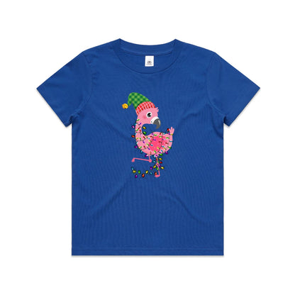 A pink cartoon flamingo wearing a green and red plaid Santa hat, wrapped in colorful Christmas lights, printed on a white fabric background.