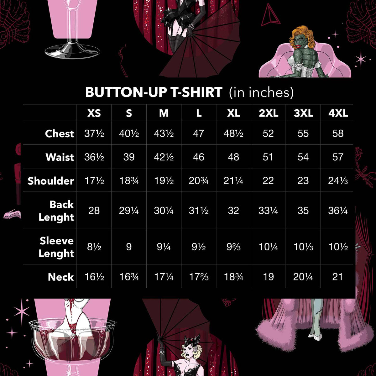 A size chart for a button-up t-shirt in inches, showing measurements from XS to 4XL for chest, waist, shoulder, back length, sleeve length, and neck. The chart is centered on a black background with pink and red gothic-themed illustrations of a woman in a pink dress and a woman in a green dress holding a black fan.