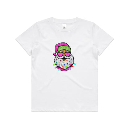A festive embroidered Santa face design on a white fabric background. The Santa figure has a glittery pink Santa hat, heart-shaped pink glasses, a white beard decorated with colorful stars, and colorful Christmas lights around the bottom.