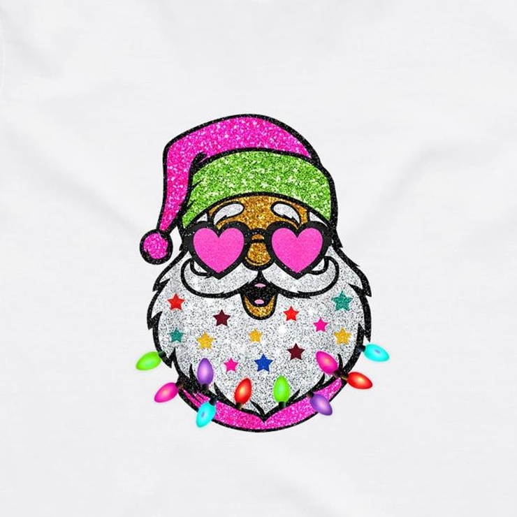 A festive embroidered Santa face design on a white fabric background. The Santa figure has a glittery pink Santa hat, heart-shaped pink glasses, a white beard decorated with colorful stars, and colorful Christmas lights around the bottom.