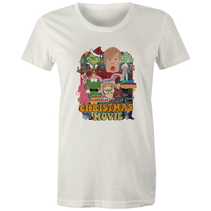 A blue graphic t-shirt featuring a colorful collage of characters and text from the movie 'The Grinch' parody titled 'Christmas Movie'.