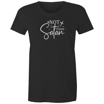 A close-up of a bright red t-shirt featuring a white graphic print that reads 'NOT TODAY Satan' with decorative script and star accents.