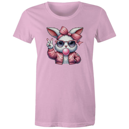 A pink graphic print on a light pink background, featuring a cartoon rabbit wearing a pink bow, pink sunglasses, a pink bomber jacket, and blowing a pink bubblegum bubble while making a peace sign.