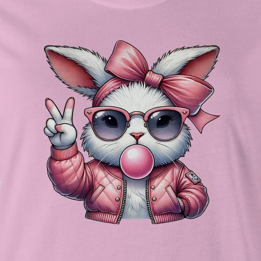 A pink graphic print on a light pink background, featuring a cartoon rabbit wearing a pink bow, pink sunglasses, a pink bomber jacket, and blowing a pink bubblegum bubble while making a peace sign.