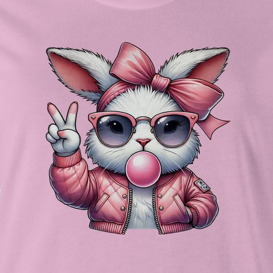 A pink graphic print on a light pink background, featuring a cartoon rabbit wearing a pink bow, pink sunglasses, a pink bomber jacket, and blowing a pink bubblegum bubble while making a peace sign.