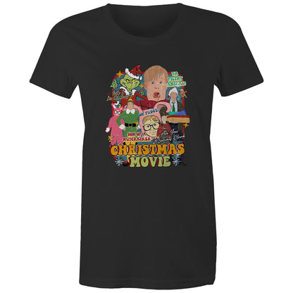A blue graphic t-shirt featuring a colorful collage of characters and text from the movie 'The Grinch' parody titled 'Christmas Movie'.