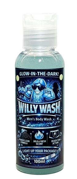 A 100ml bottle of Willy Wash Men's Body Wash with a clear cap and a dark blue label featuring a cartoon character and glow-in-the-dark text.