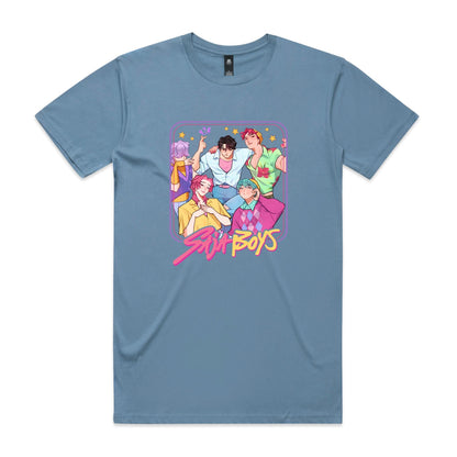 t-shirt featuring a colorful graphic print of five anime-style boys with the text 'Sun Boys' in pink and yellow stylized font.