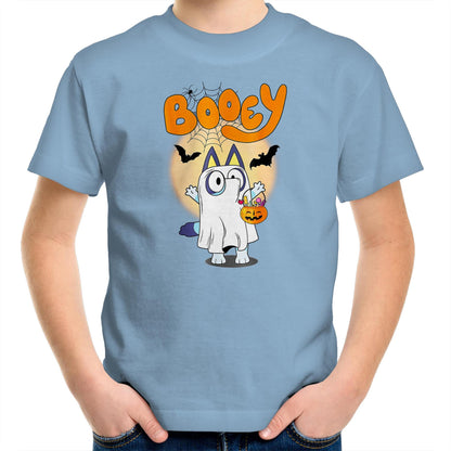 A Halloween-themed graphic print featuring a cartoon cat dressed as a ghost, holding a jack-o'-lantern candy basket, with the word 'Booey' in large orange letters above on a blue background.