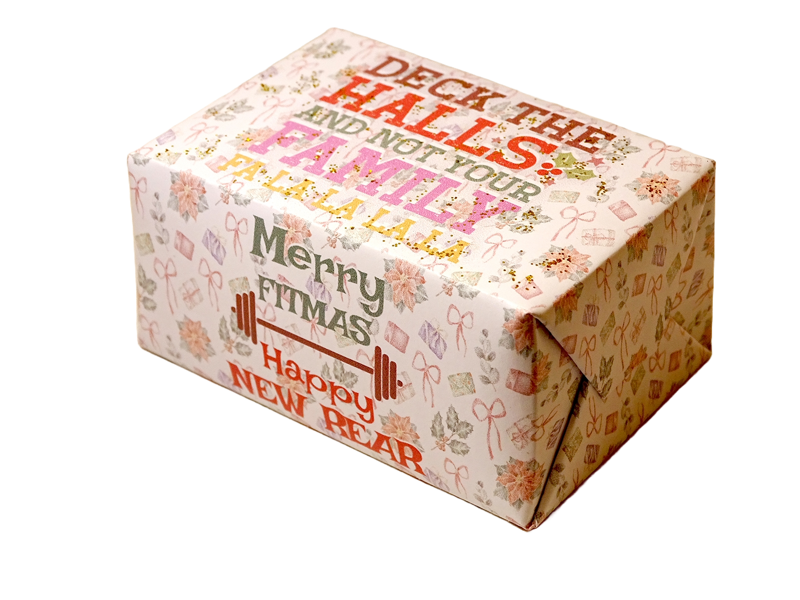 A rectangular gift box wrapped in festive holiday paper with the text 'Merry Fitsmas Happy New Bear' and 'Deck the Halls and Not Your Family Christmas Tree' printed on a light cream background with small gift and bow illustrations.