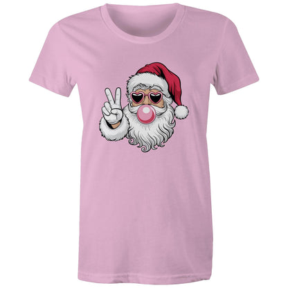A graphic print of a cartoon Santa Claus with a white beard, red hat, heart-shaped sunglasses, and a pink bubblegum bubble, making a peace sign against a solid red background.