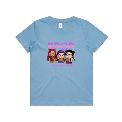 A graphic print featuring three chibi-style cartoon girls eating noodles, with the word 'K-POP' above them and 'DEMON HUNTERS' below
