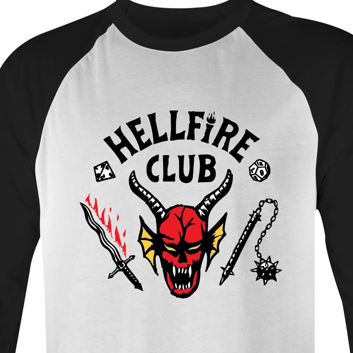 A raglan-style baseball t-shirt with a black collar and black sleeves, featuring a graphic print on the front with the text 'HELLFIRE CLUB' and a red horned devil skull surrounded by weapons.