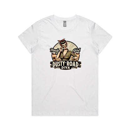 A graphic print on a white background featuring a retro-style pinup illustration of a woman with sunglasses, a red bandana, and an olive green shirt, with the text 'Pinup Girl' and 'Dusty Road Diva'.