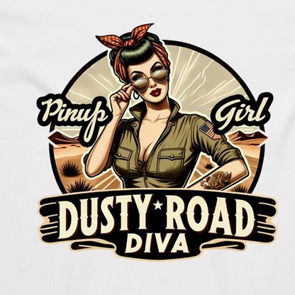 A graphic print on a white background featuring a retro-style pinup illustration of a woman with sunglasses, a red bandana, and an olive green shirt, with the text 'Pinup Girl' and 'Dusty Road Diva'.