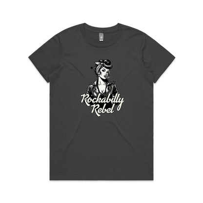 A black and white graphic print on a white fabric background, featuring a retro pin-up style woman in a leather jacket with the text 'Rockabilly Rebel'.