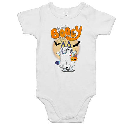 A white t-shirt featuring a colorful cartoon graphic of a ghost character dressed as Bluey, holding a jack-o'-lantern bucket of candy, with the word 'Booey' in orange above.