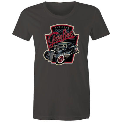 women's t-shirt with a graphic print of a vintage car and the text 'Hot Road Gasoline' on the front.