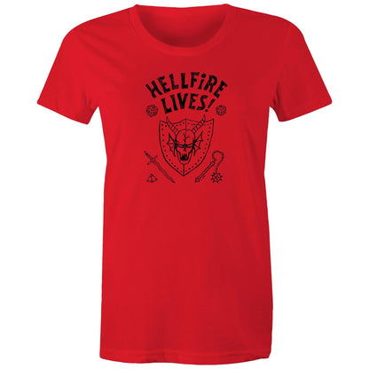 A red graphic print featuring the text 'HELLFIRE LIVES!' in a distressed black font, above a black illustrated skull inside a shield with fantasy accessories including dice, a sword, and a mace.