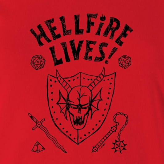 A red graphic print featuring the text 'HELLFIRE LIVES!' in a distressed black font, above a black illustrated skull inside a shield with fantasy accessories including dice, a sword, and a mace.
