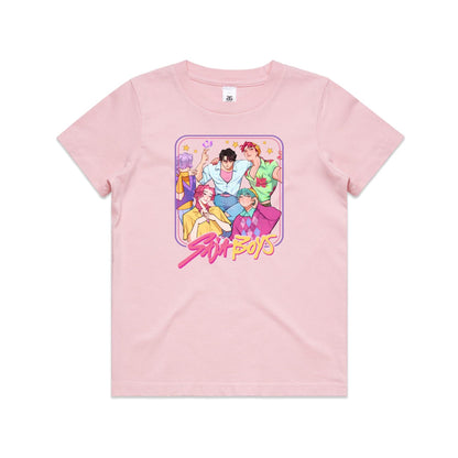 A close-up of a t-shirt featuring a colorful graphic print of five illustrated anime-style boys with the text 'Stu Boys' in pink and yellow stylized lettering.