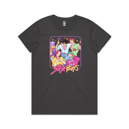 t-shirt featuring a colorful graphic print of five anime-style boys with the text 'Stunt Boys' written in a pink and yellow font below them.