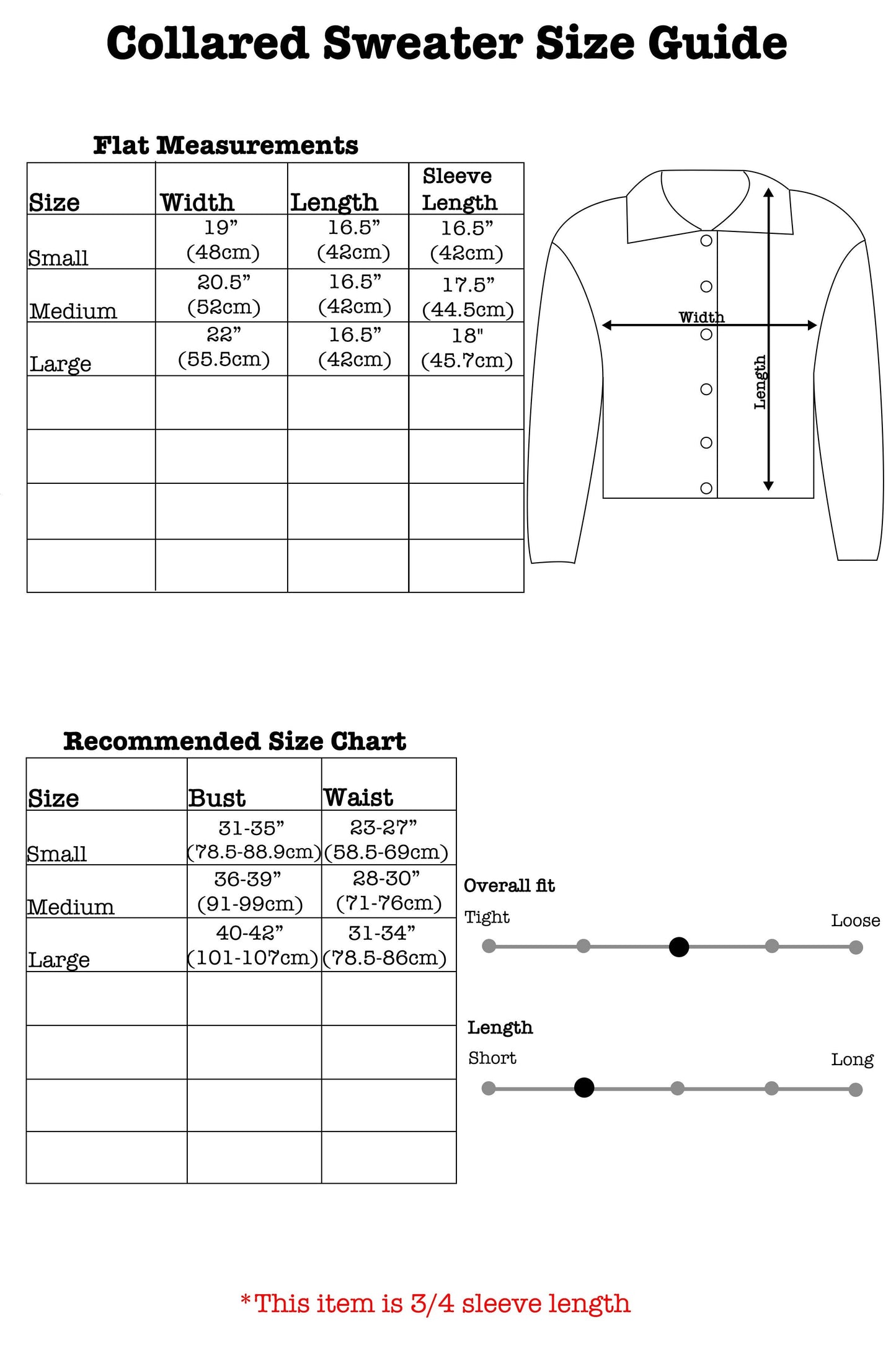 Collared sweater size guide with measurements and chart on a white background