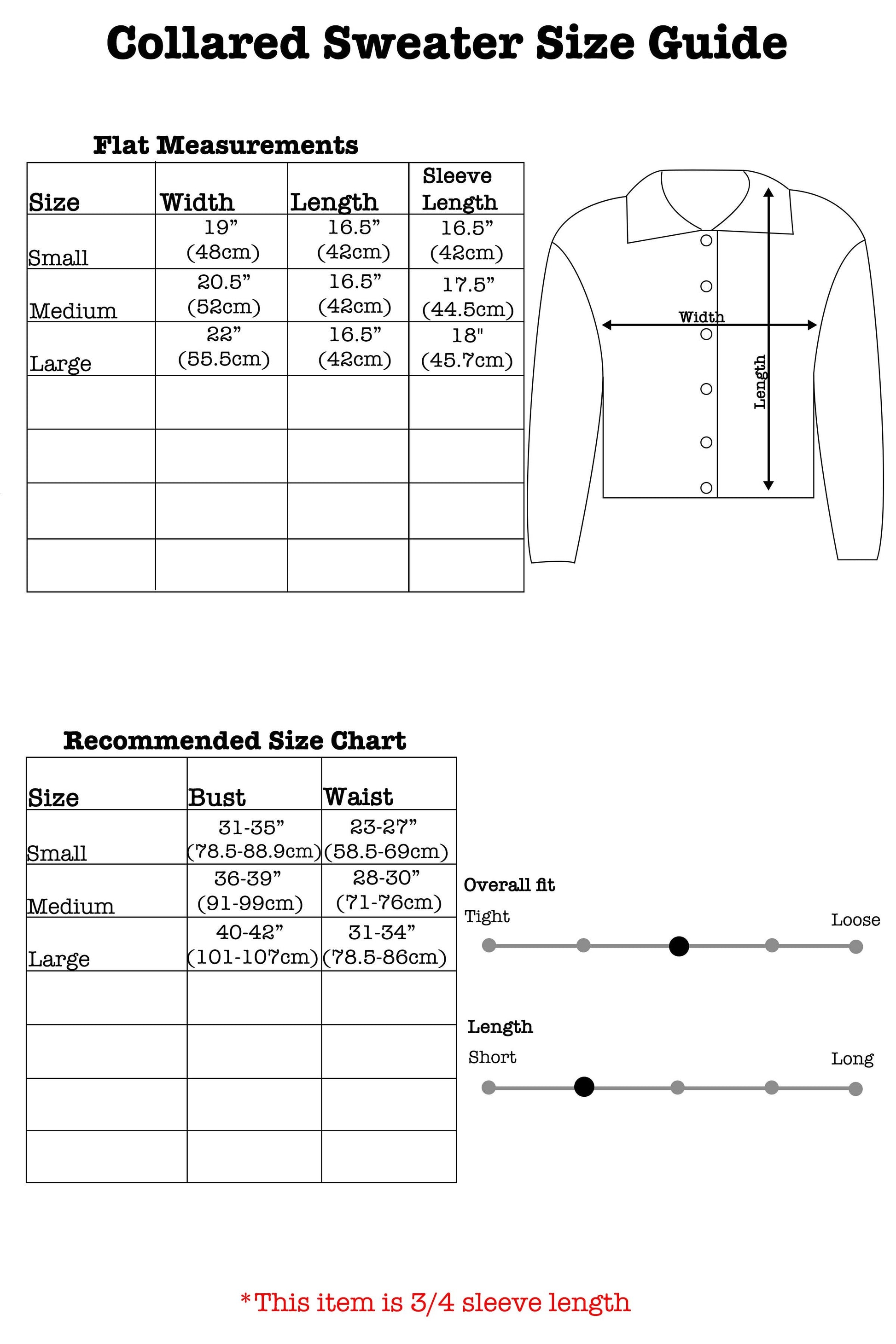 Collared sweater size guide with measurements and chart on a white background