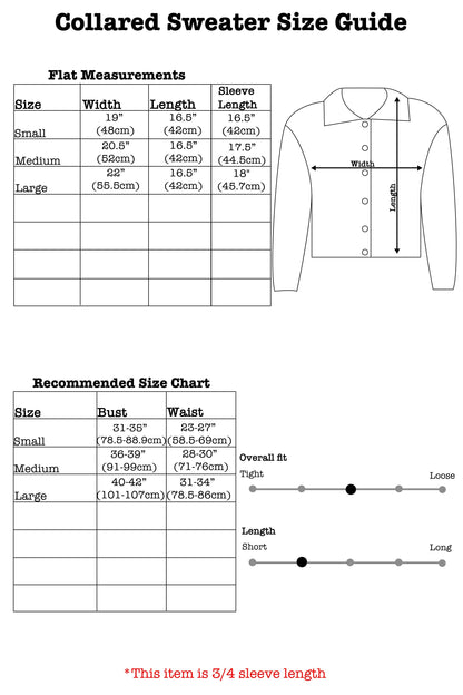 Collared sweater size guide with measurements and chart on a white background