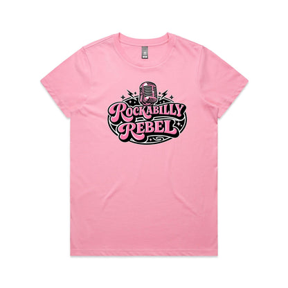 A graphic design featuring a retro pink microphone above the stylized text 'ROCKABILLY REBEL' in pink and black, shown on a plain white background.