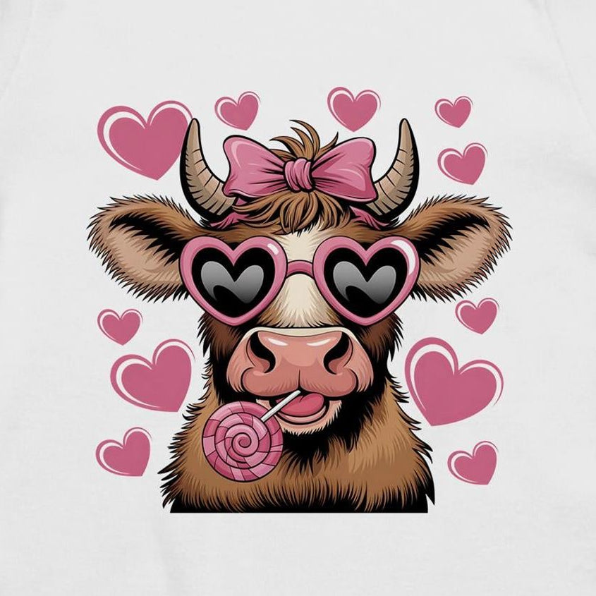 A pink baby onesie romper with a print of a cartoon cow with hearts and sunglasses on it.