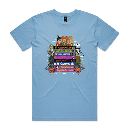 A graphic print featuring cartoon characters and movie titles from the Halloween franchise, including Dr. Seuss, Jack Skellington, Michael Myers, Sally, and various film titles like 'Halloween', 'Bedazzle', 'Hocus Pocus', 'Friday the 13th', 'Casper', and 'Gorillaz vs.