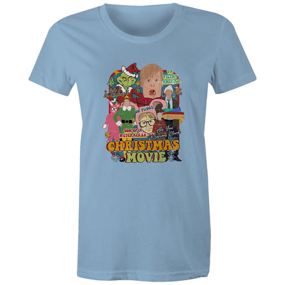 A blue graphic t-shirt featuring a colorful collage of characters and text from the movie 'The Grinch' parody titled 'Christmas Movie'.