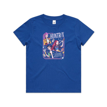 A close-up of a blue graphic t-shirt featuring three illustrated anime-style female characters with colorful hair and outfits, surrounded by stars and the text 'HUNTR/X'.