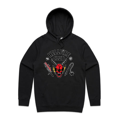 Close-up of a black hoodie featuring a graphic print with the words 'HELLFIRE CLUB' and a red horned skull surrounded by a sword, flame motif, chain, and skull emblem.