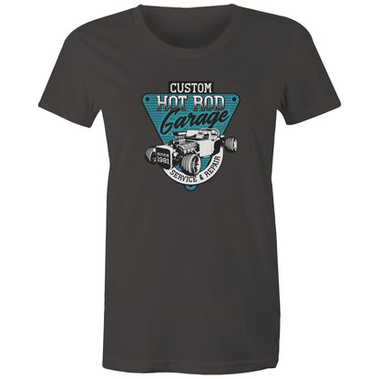 colored women's t-shirt with a 'Custom Hot Rod Garage' graphic print in the center.