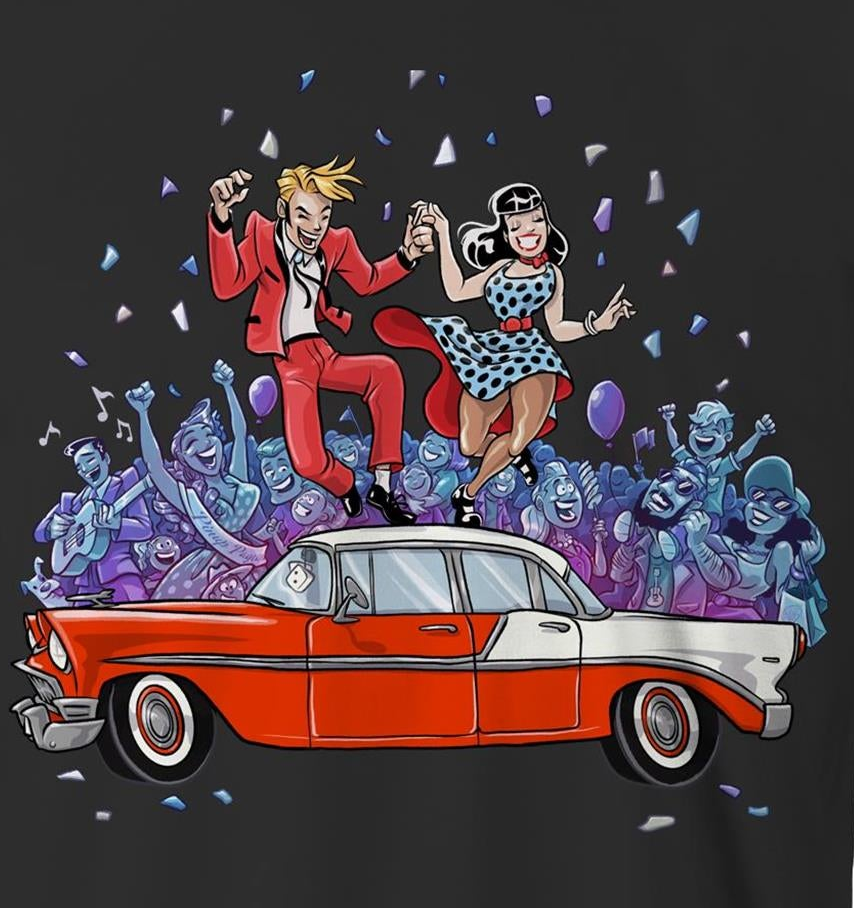 A graphic print on a dark background featuring a vintage red and white car with two dancing figures above it, surrounded by blue zombie-like characters and confetti.