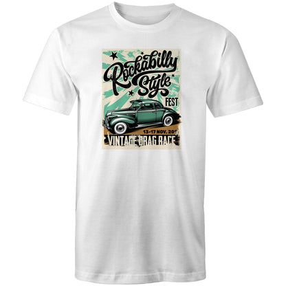 A vintage-style graphic print on a rectangular poster or t-shirt design featuring the words 'Rockabilly Style Fest' and 'Vintage Drag Race' with a green classic car illustration. The design has distressed black lettering, teal starburst shapes, and a tan base, shown against a plain light background.