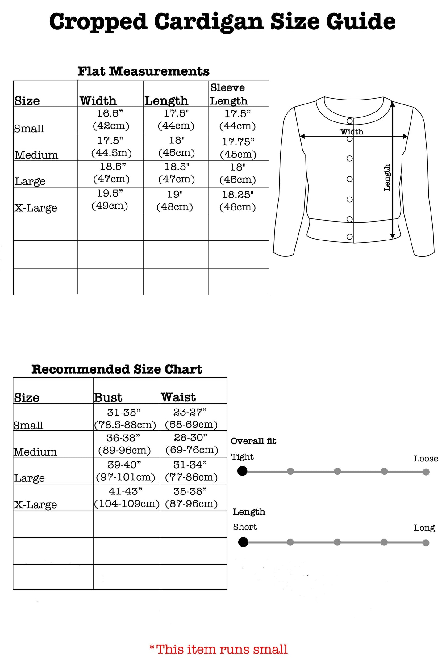 Cardigan size guide with measurements and chart on a white background