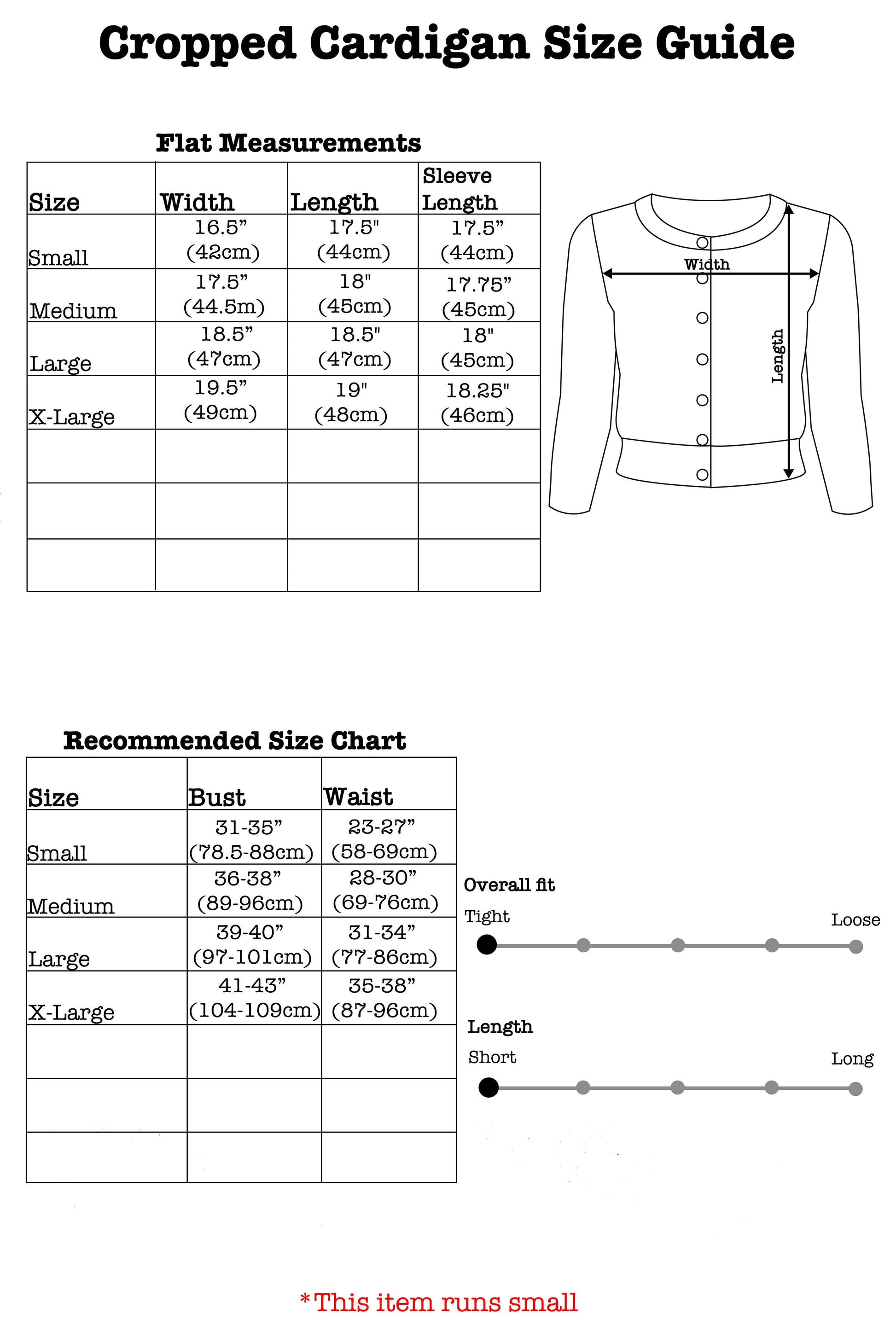 Cardigan size guide with measurements and chart on a white background
