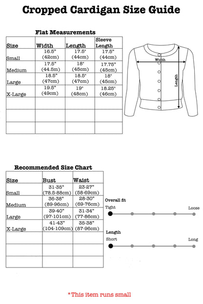 Cardigan size guide with measurements and chart on a white background