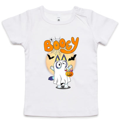 A white t-shirt featuring a colorful cartoon graphic of a ghost character dressed as Bluey, holding a jack-o'-lantern bucket of candy, with the word 'Booey' in orange above.