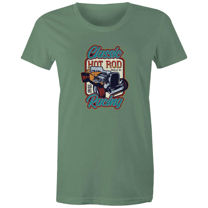 A green women's t-shirt with 'Classic Hot Rod' and related graphics printed on the front.